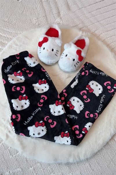 Sİyah Hello Kitty Y2K Peluş Pİjama 