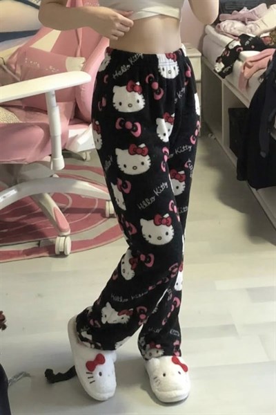 Sİyah Hello Kitty Y2K Peluş Pİjama 