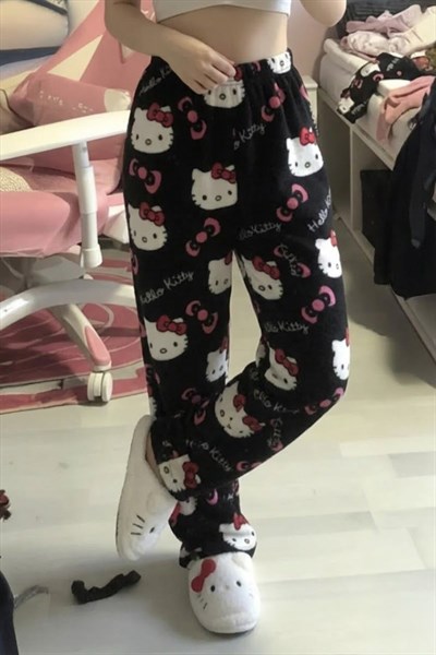 Sİyah Hello Kitty Y2K Peluş Pİjama 