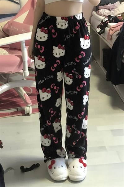 Sİyah Hello Kitty Y2K Peluş Pİjama 