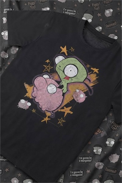 Siyah Invader Zim Gir & Piggy Y2K Unisex T-Shirt