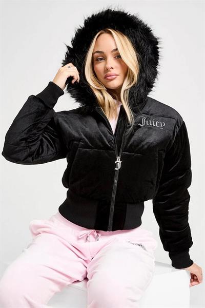 Siyah Juicy Peluş Kapüşonlu Şişme Beli Lastikli Crop Mont