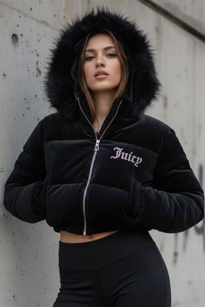 Siyah Juicy Peluş Kapüşonlu Şişme Crop Mont