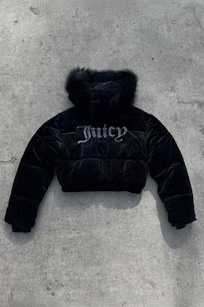 Siyah Juicy Peluş Kapüşonlu Şişme Crop Mont