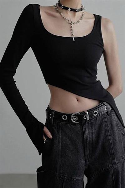 Siyah Kare yaka Tek Gotik Y2K Kollu Crop