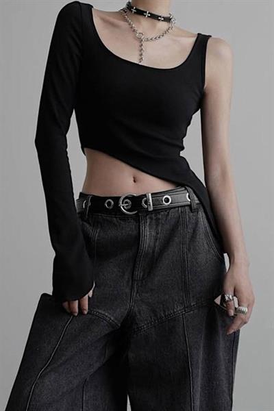 Siyah Kare yaka Tek Gotik Y2K Kollu Crop