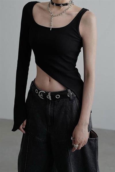 Siyah Kare yaka Tek Gotik Y2K Kollu Crop