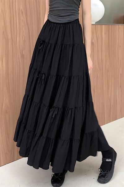Siyah Katlamalı Kurdeleli Uzun Etek