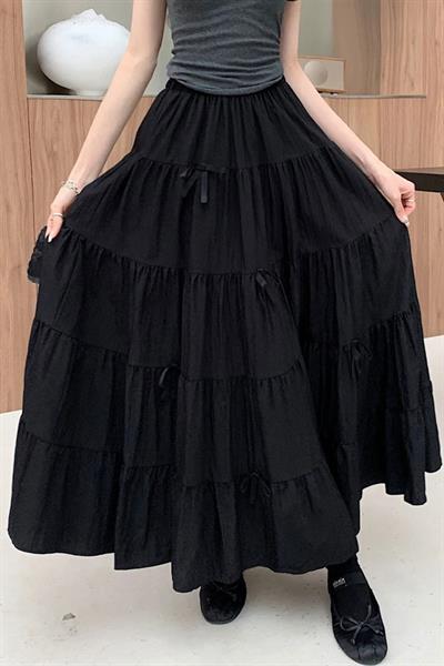 Siyah Katlamalı Kurdeleli Uzun Etek