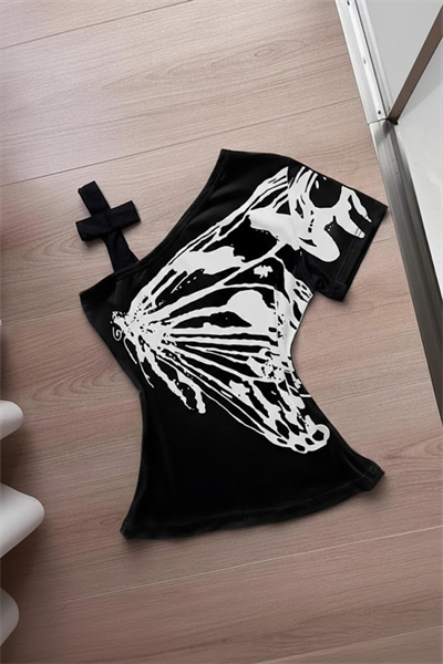 Siyah Kelebek Kanatlı Askılı Grunge Y2K Kısa Kollu Crop