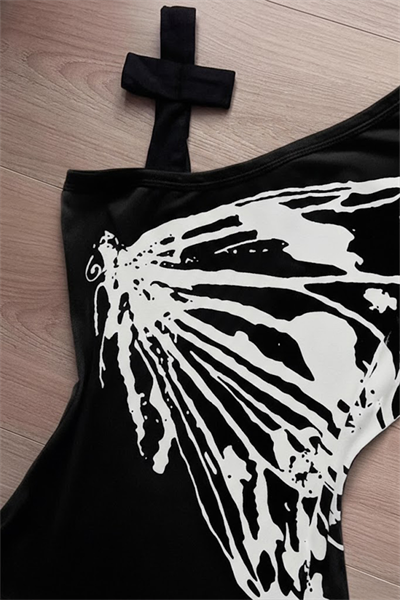 Siyah Kelebek Kanatlı Askılı Grunge Y2K Kısa Kollu Crop