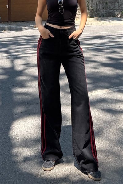 Siyah Kırmızı Üç Şeritli Y2K Unisex Baggy Pantolon