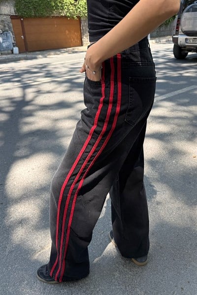 Siyah Kırmızı Üç Şeritli Y2K Unisex Baggy Pantolon