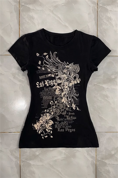 Siyah Las Vegas Rebels Grunge Y2K Kısa Kollu Crop