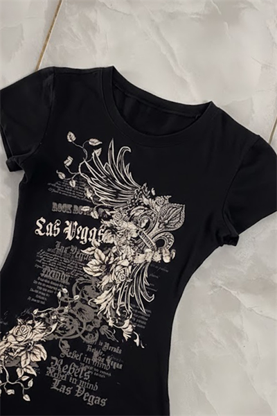 Siyah Las Vegas Rebels Grunge Y2K Kısa Kollu Crop