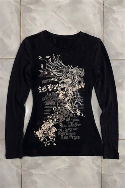 Siyah Las Vegas Rebels Grunge Y2K Uzun Kollu Crop
