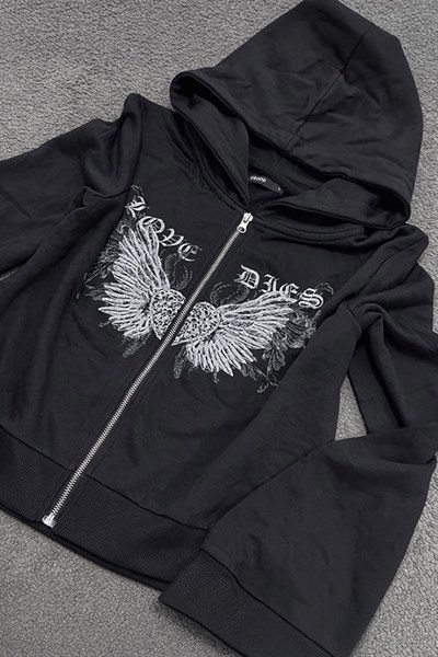 Siyah Love Wings Gotik Y2K Unisex Hırka