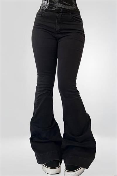 Siyah Low Rise V Kesim Mavi İspanyol Paça Pantolon