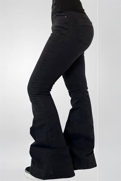 Siyah Low Rise V Kesim Mavi İspanyol Paça Pantolon