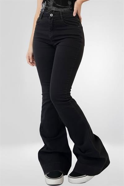 Siyah Low Rise V Kesim Mavi İspanyol Paça Pantolon