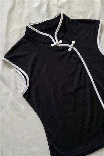 Siyah Mandarin Yaka Beyaz Şeritli Qipao Y2K Kısa Kollu Crop