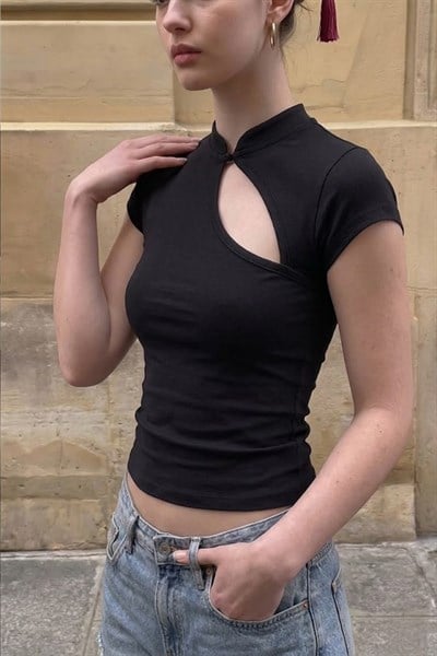 Siyah Mandarin Yaka Düz Qipao Y2K Kısa Kollu Crop