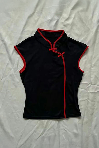 Siyah Mandarin Yaka Kırmızı Şeritli Qipao Y2K Kısa Kollu Crop