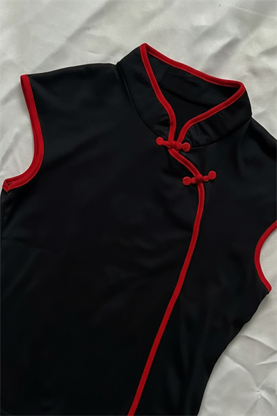 Siyah Mandarin Yaka Kırmızı Şeritli Qipao Y2K Kısa Kollu Crop