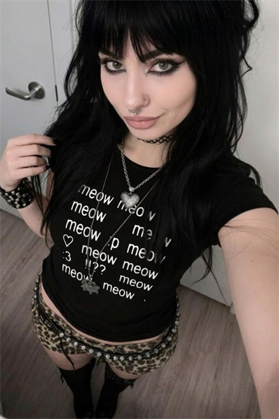 Siyah Meow Meow Meow :3 Y2K Kısa Kolu Crop