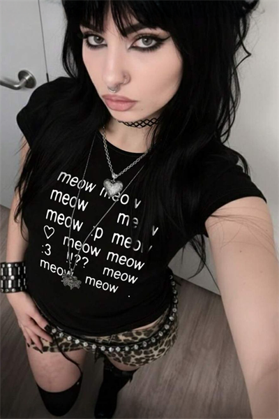 Siyah Meow Meow Meow :3 Y2K Kısa Kolu Crop