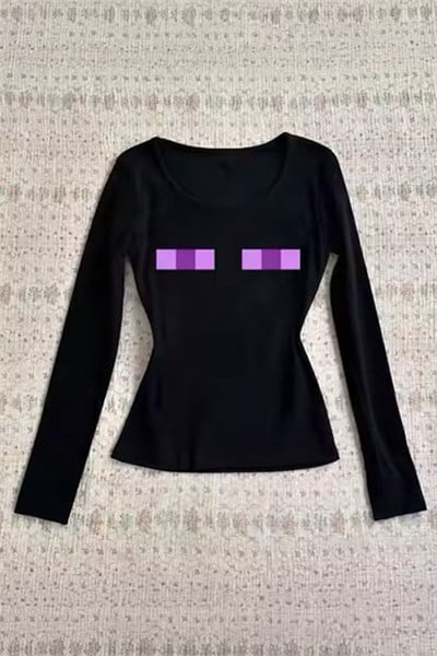 Siyah Minecraft Enderman Purple Eyes Y2K Uzun Kollu Crop