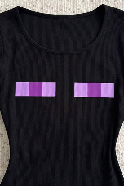Siyah Minecraft Enderman Purple Eyes Y2K Uzun Kollu Crop
