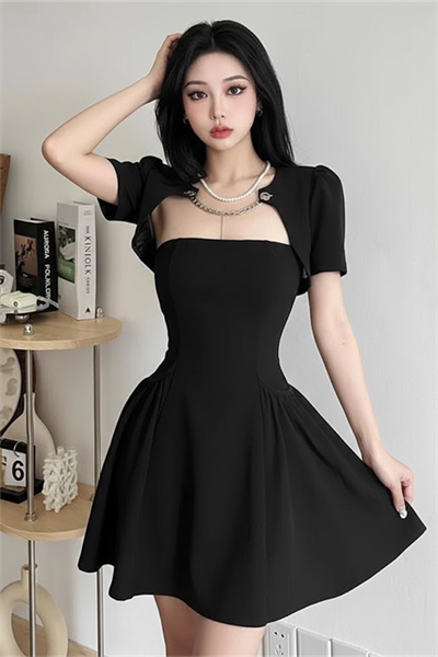 Siyah Mini Straplez Zincir Ceketli  Elbise 