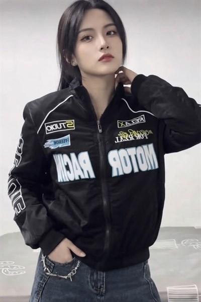 Siyah Motor Racer Retro Y2K Unisex Ceket