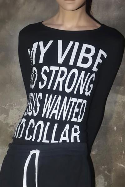 Siyah My Vibe Cross Sırt  Baskılı Y2K Uzun Kollu Crop