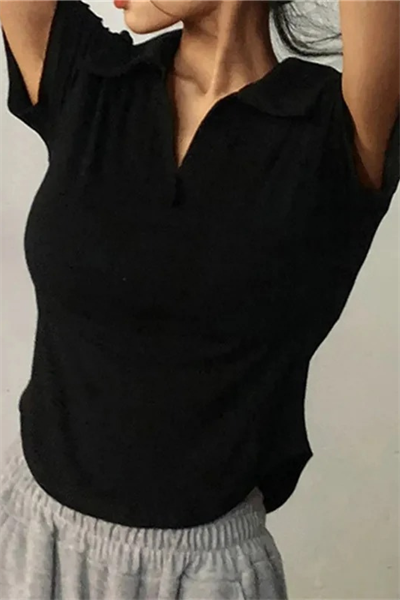 Siyah Oval Kesim V Polo Yaka Kısa Kollu Crop