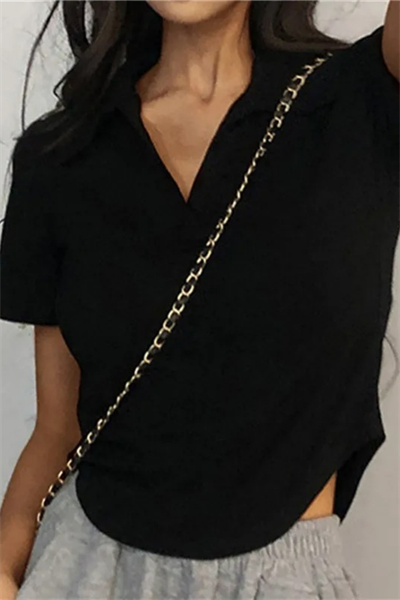 Siyah Oval Kesim V Polo Yaka Kısa Kollu Crop