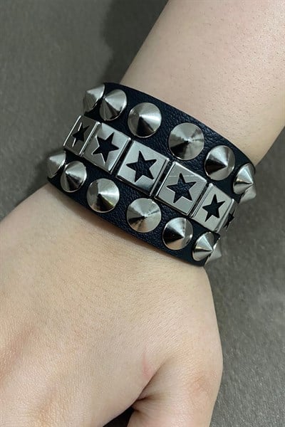 Siyah Piramit Şeritli Star Gotik Deri Bileklik