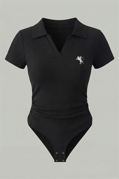 Siyah Polo Ribana Y2K Çıtçıtlı Body