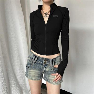 Siyah Prix Fermuarlı Harajuku Uzun Kollu Crop Hırka