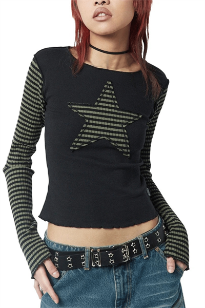 Siyah Raglan Haki Star Gotik Grunge Y2K Uzun Kollu Crop 