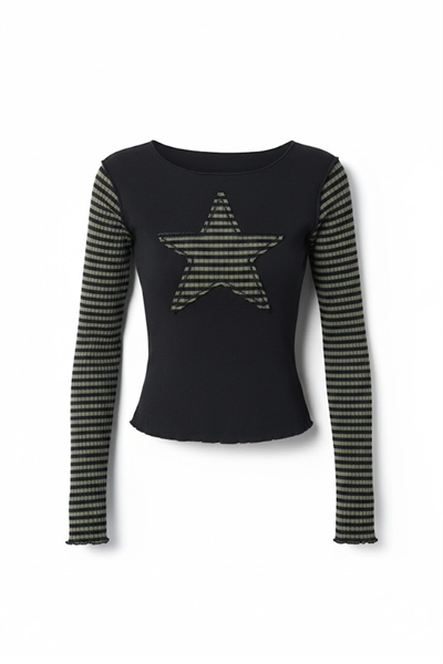 Siyah Raglan Haki Star Gotik Grunge Y2K Uzun Kollu Crop 