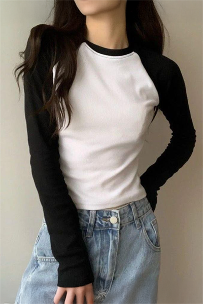 Siyah Raglan Kollu Beyaz Basic Uzun Kollu Crop