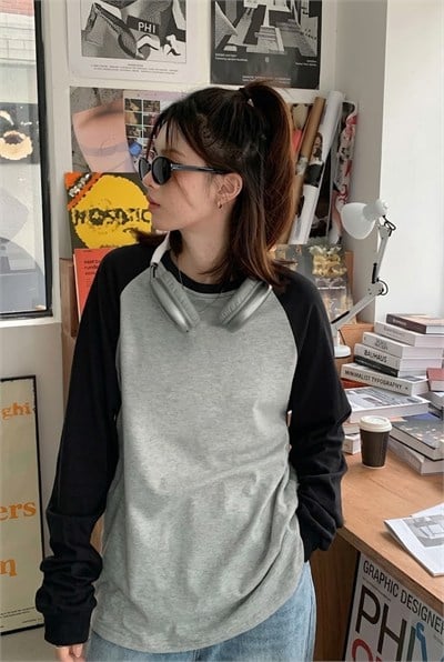 Siyah Raglan Kollu Düz Gri Melanj Unisex Uzun Kollu