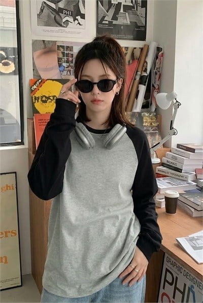 Siyah Raglan Kollu Düz Gri Melanj Unisex Uzun Kollu