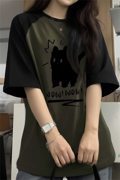 Siyah Raglan Yeşil Wow! Wow! Cat Y2K Unisex T-Sihrt