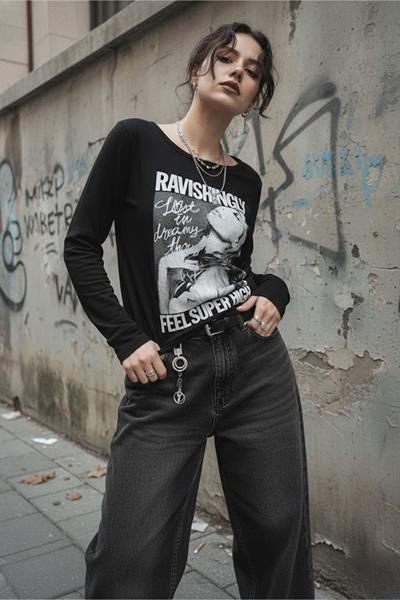 Siyah Ravishingly Vintage Y2K Uzun Kollu Crop