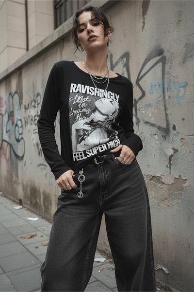 Siyah Ravishingly Vintage Y2K Uzun Kollu Crop