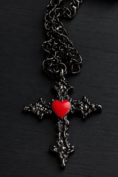 Siyah Red Heart Cross Gotik Kolye