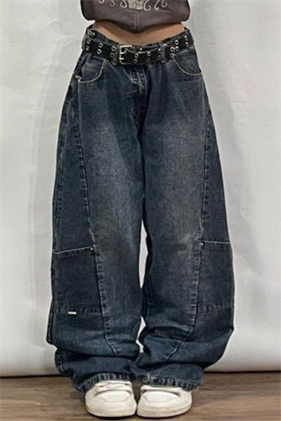 Lacivert Retro Yıkamalı Harajuku Baggy Y2K Pantolon